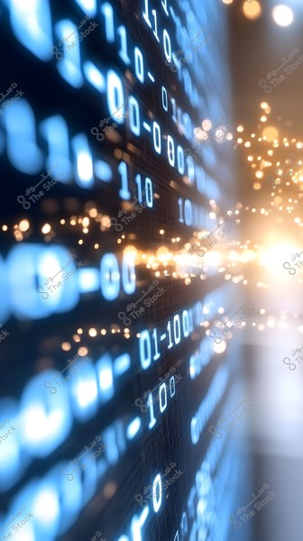 An image featuring a series of illuminated blue binary numbers against a dark background. A bright light emanates from the right side, creating a vibrant effect that extends across the picture. The numbers are arranged in a three-dimensional form, providing a sense of depth and motion.