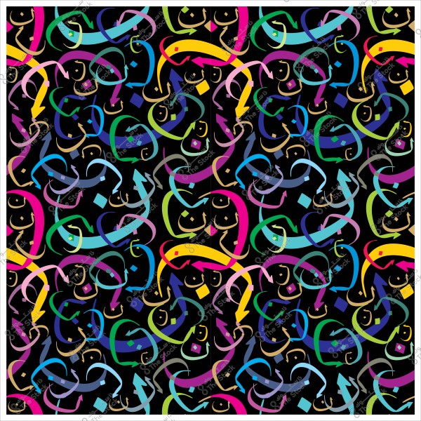 صورة تحتوي على تصميم زخرفي متعدد الألوان على خلفية سوداء, يتميز بأشكال متشابكة ودوامات تتضمن العديد من الألوان الزاهية مثل الأزرق, الأخضر, الأصفر, الوردي, والبرتقالي. العناصر في الصورة تبدو وكأنها خطوط منحنية وأقواس تتداخل مع بعضها البعض في نمط متكرر.

-