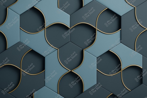 A geometric design consisting of hexagonal tiles in blue and dark gray colors, interwoven with curved golden lines. The tiles and patterns create a contemporary and elegant appearance.