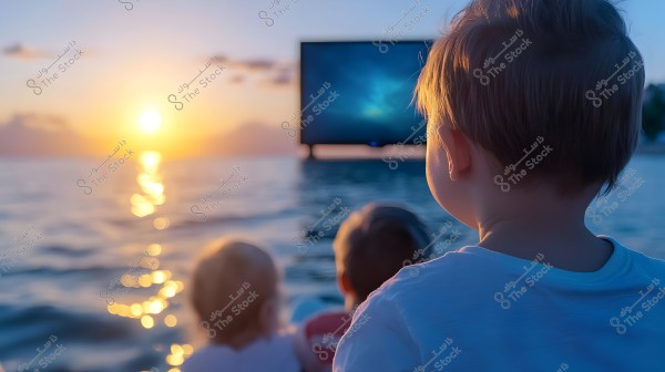 Three children watching a sunrise over the water, with the sun illuminating the horizon and reflecting on the water\'s surface. In the background, a large screen on a stand over the water displays a captivating image. The warm colors of the sky evoke a sense of calm and tranquility.