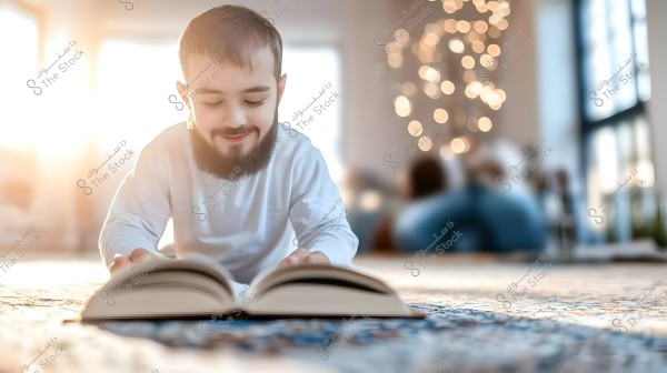 A young boy is sitting on the floor in a bright room, reading an open book. He is wearing a white shirt and appears happy and engaged in his reading. The background is blurred with bright circular lights, adding a warm and cozy atmosphere. The floor is covered with a patterned rug.