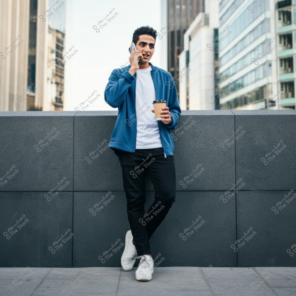 A young man is leaning against a barrier in an urban area. He is wearing a comfortable white T-shirt, a blue jacket, black pants, and white sneakers. He holds a coffee cup in his left hand and is talking on a mobile phone with his right hand. Tall glass buildings in the city are visible in the background.