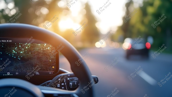 The image shows a view from inside a car while driving on a road during sunset. Part of the steering wheel is visible along with a display screen containing graphics and glowing particles. In the background, another car is moving in an unclear direction, with a blurred effect reflecting the sunset light.