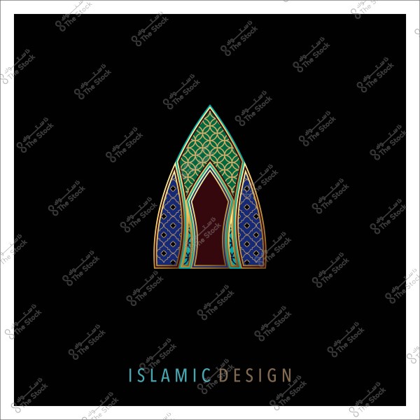 An Islamic geometric design on a black background. The design resembles windows in Islamic architecture, adorned with green and blue geometric patterns on the sides, with a brown center. Below, the text \"ISLAMIC DESIGN\" is in blue and gold colors.