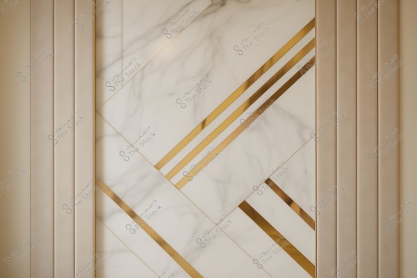 Artistic design of a decorative wall featuring white marble panels with intersecting diagonal gold lines. The panels are bordered by narrow golden edges, with subtle marbling patterns visible in the background. Vertical parallel beige lines are present on the sides.