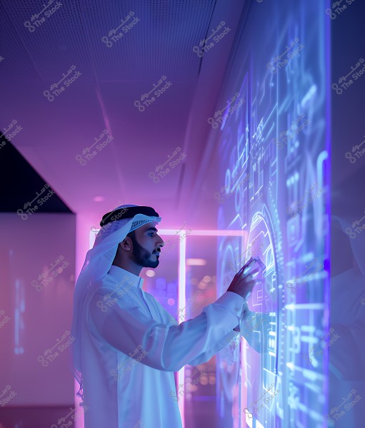 A man in traditional attire with a thobe, ghutra, and agal stands in front of a transparent electronic screen displaying illuminated blue and purple graphs and icons. The room is dimly lit, creating a futuristic atmosphere.