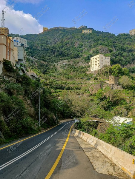 منظر طبيعي لطريق متعرج يمتد عبر جبال مغطاة بالنباتات الخضراء الكثيفة. تظهر عدة مبان بيضاء ممتدة على جانب الجبل, ويعلوها سماء زرقاء مع بعض السحب البيضاء. المناظر الطبيعية توحي بمنطقة جبلية قد تكون في السعودية, وتعكس جمال الطبيعة والهدوء المحيط.