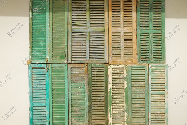 A collection of weathered wooden shutters painted in faded colors, primarily green and beige, mounted on a white wall. The shutters appear old and neglected, giving a sense of authenticity and historical depth.
