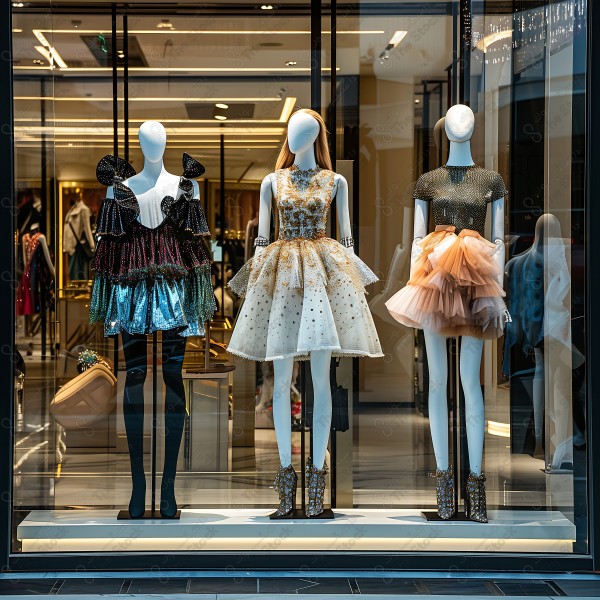 A store window displaying three elegant and contemporary women's dresses on mannequins, each dress featuring a unique and innovative design. This image was generated by artificial intelligence.