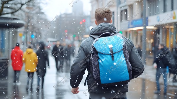 A person walks down a snowy city street, wearing a dark winter jacket and carrying a large blue backpack. Snowflakes are falling, and several people walk in the background, some in brightly colored jackets. Buildings in the background add to the wintery urban atmosphere.
