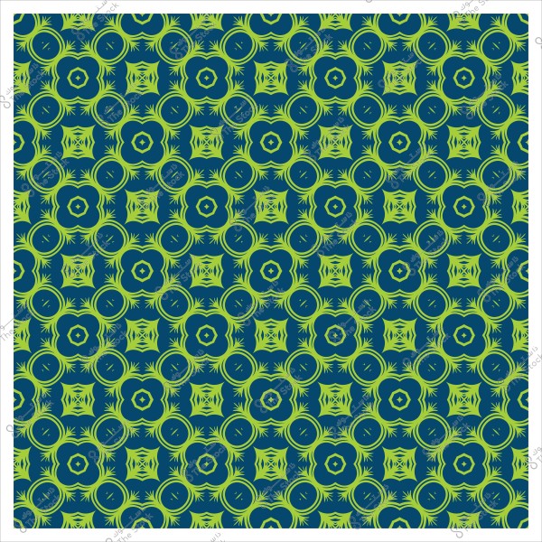 A repeating geometric pattern in green and blue, featuring circular shapes and floral-like motifs.