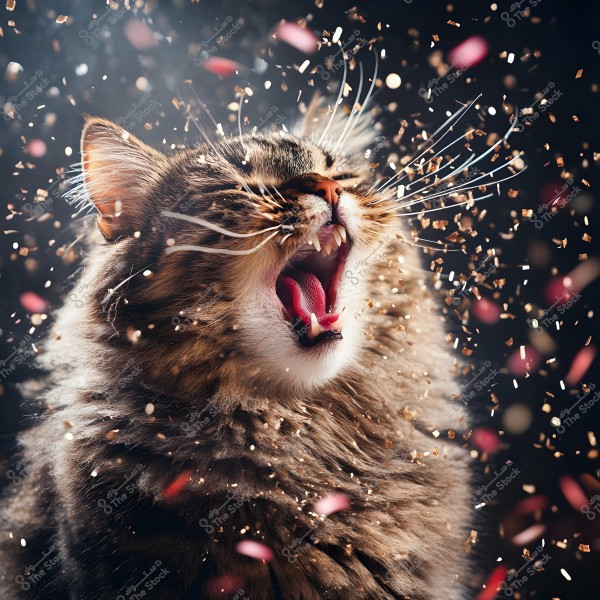 Image of a cat with light and dark brown striped fur, featuring long whiskers, captured with its mouth open as if yawning or meowing, surrounded by scattered pieces of colorful glitter, giving the photo a lively and dynamic feel.