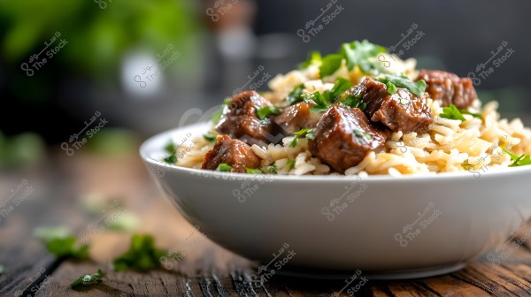 صورة لطبق من الأرز الأبيض مغطى بقطع من اللحم المطهو والبقدونس الطازج في وعاء أبيض. يظهر الطبق موضوعًا على طاولة خشبية مع بعض الأوراق الخضراء متناثرة حوله, وخلفية مشوشة بنباتات خضراء.