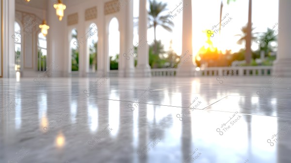 An image showing a marble floor in an open gallery with tall white columns and large arched windows. Palm trees are visible in the background, with bright sunlight streaming through the gallery, creating beautiful reflections on the floor.