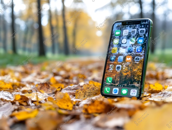 A smartphone displayed in a vertical position on the ground covered with brown and yellow leaves. The background features blurred trees with warm autumn colors.