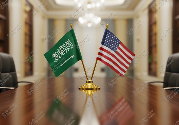 Two small flags, one of Saudi Arabia and the other of the United States, placed on a shared golden base on an elegant wooden table in a conference room setting, with chairs in the background and a luxurious ceiling light.