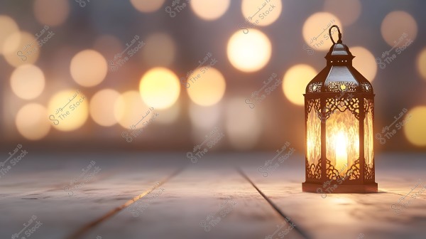 A lit lantern with traditional Arabic decor placed on a wooden surface, with a blurred background of warm, sparkling lights.