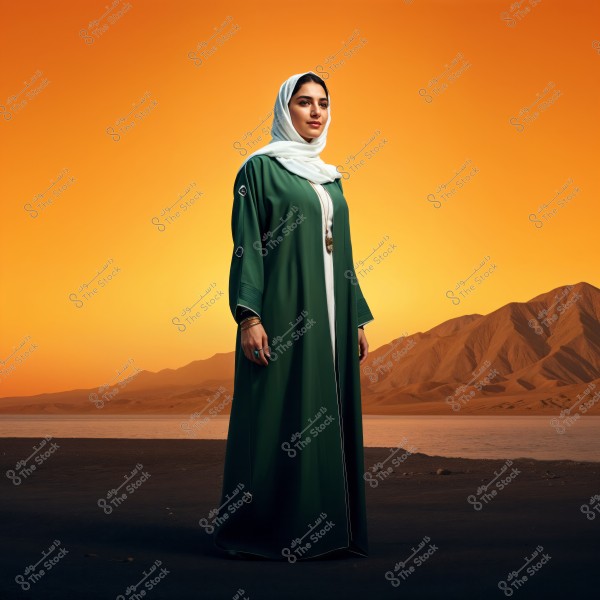 صورة شخصية لامرأة تقف أمام منظر جبلي وقت الغروب. ترتدي عباءة خضراء طويلة وحجاب أبيض يغطي رأسها. الخلفية تحتوي على جبال وصحراء تحت سماء ذات لون برتقالي نابض بالحياة, مما يوحي بأجواء من الشرق الأوسط.