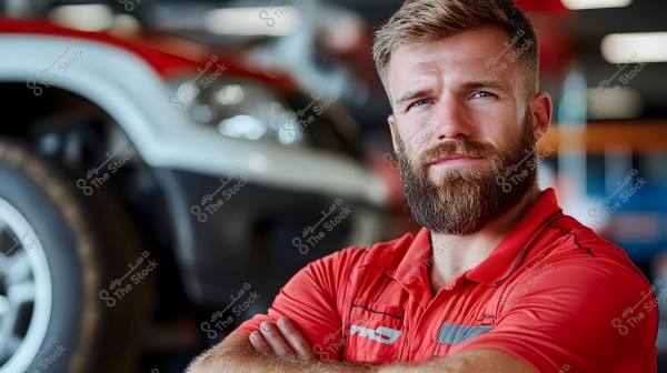 A portrait of a man with a blond beard and blue eyes standing in a car workshop. The man is wearing a short-sleeved red shirt and is positioned in front of a large vehicle. Parts of the car are visible in the background, featuring a mix of red and black colors.