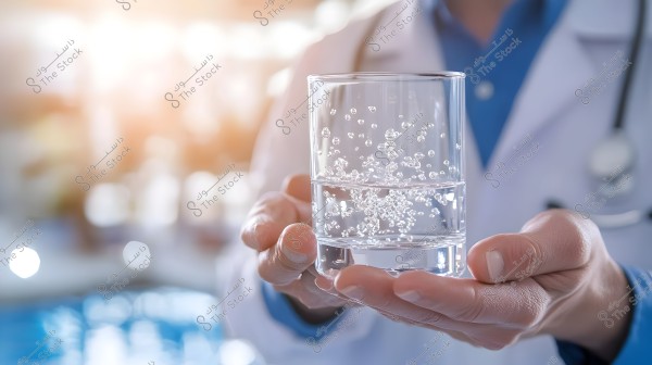 A person in a white lab coat holding a glass cup filled with sparkling water. The background is blurred, showing warm colors with bright light.
