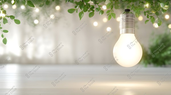 The image shows a lit bulb hanging from above, surrounded by green branches and leaves. The background is blurred with scattered small lights, creating a natural and serene ambiance.