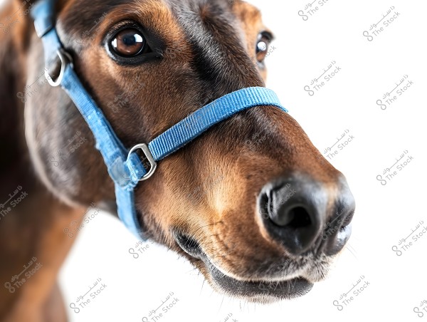 A close-up image of a brown horse with a blue halter. The horse\'s face is shown with clear details of its eyes and nose, set against a white background, highlighting the horse\'s features.
