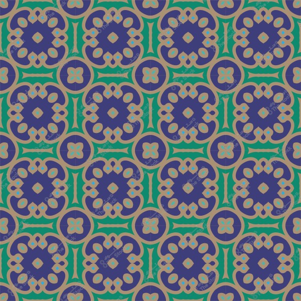 نمط هندسي مكرر بألوان زرقاء وخضراء وأشكال مزخرفة دائرية.