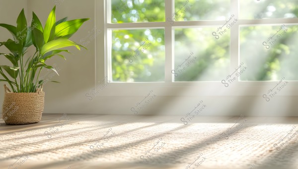 Green plant in a basket made of natural fibers near a white window with sunlight streaming through. The background features green trees outside, with sunlight filtering through and falling onto a light-colored rug on the floor.