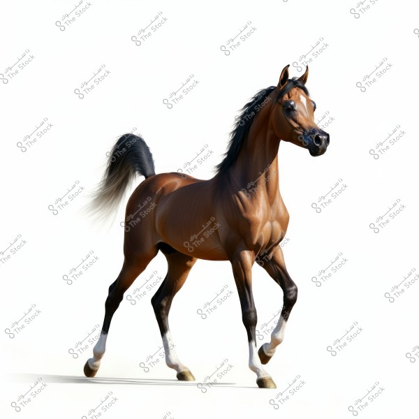 Image of a bay Arabian horse standing gracefully on a white background. The horse features a shiny coat, raised head, and alert eyes. Its mane and tail are black, and it has white markings on the legs, highlighting its strong, elegant appearance.
