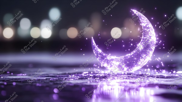 Image of a glowing crescent moon in shimmering purple, resting on a reflective water surface. The background features blurred circular lights in the dark of night, creating a magical and aesthetic atmosphere.