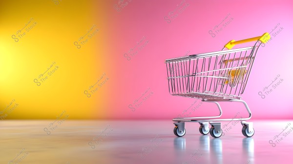 A metallic shopping cart with a yellow handle sits on a shiny floor against a gradient pink and yellow background.