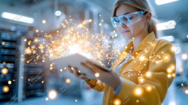 An image of a woman wearing protective goggles and a yellow jacket, holding a tablet in an industrial or laboratory setting. Bright golden light particles glow from the tablet, adding a futuristic and magical atmosphere to the scene.