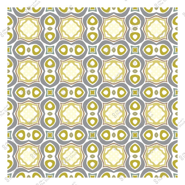 نمط زخرفي هندسي بخلفية رمادية وأشكال أزهار متكررة بألوان زيتونية وبيضاء.