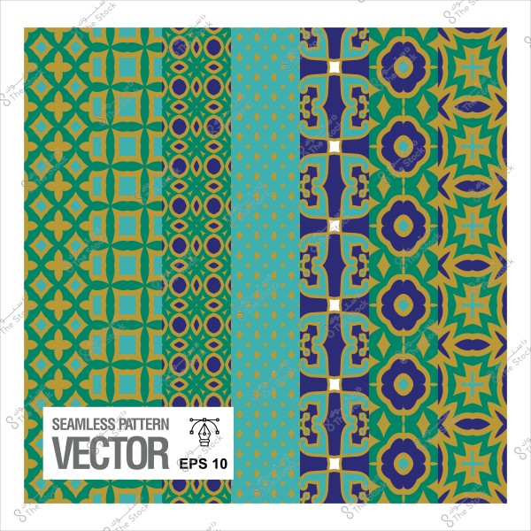 نماذج مزخرفة ملونة بألوان الأزرق والأخضر والأصفر في تصميم فيكتوري متكرر.