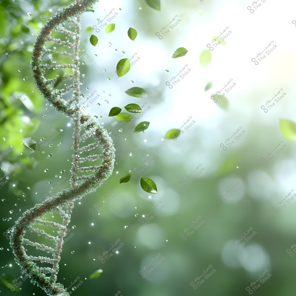 An image depicting a DNA strand composed of natural and environmental elements, floating in a lush green setting with scattered small leaves and natural light illuminating from the background.