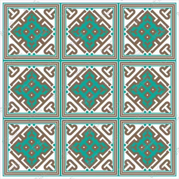 Traditional geometric pattern featuring turquoise blue and brown colors with intertwined shapes.