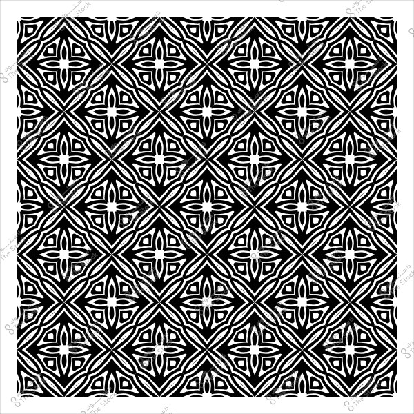 Geometric decorative pattern in black and white consisting of repeating shapes resembling flowers and stars.