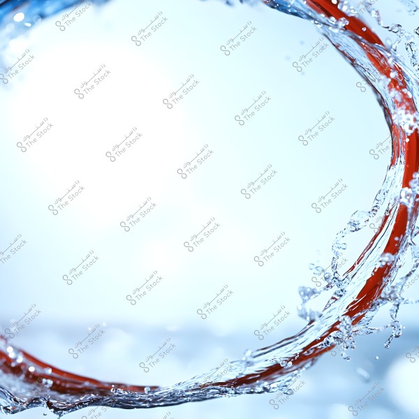 Artistic shot of water splashing in a partial circular shape in the air, against a light, blurry background. The water is clear and detailed, highlighting the contrast between the thin red line and the transparent water.