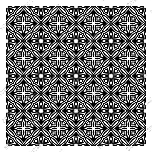 Repeated geometric ornamental pattern in black and white with an interlocking design.