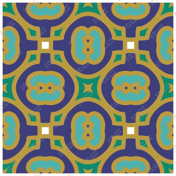نمط هندسي تقليدي بألوان زرقاء وخضراء وذهبية مع أشكال متقاطعة.