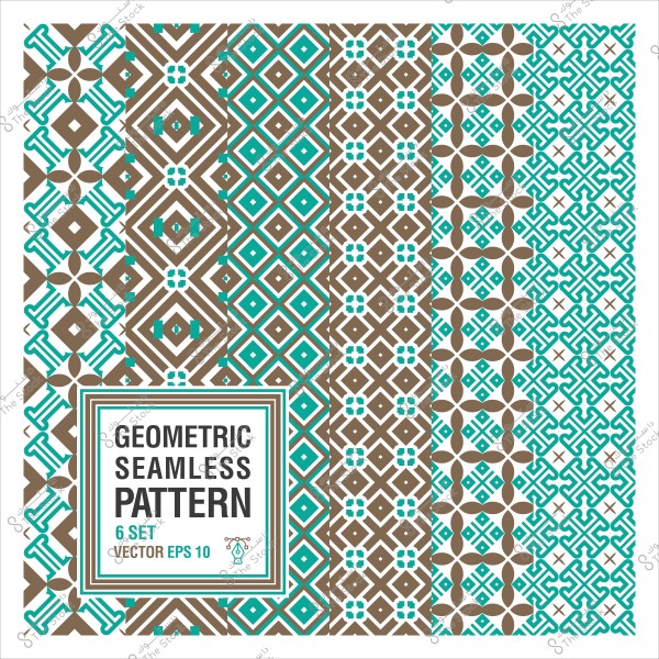 A set of seamless geometric patterns in brown and turquoise colors. The image features six different patterns with various lines and shapes.