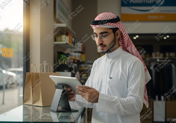 Image of a man wearing a white thobe and traditional headgear (keffiyeh) with glasses, standing in what appears to be a small grocery store or shop. He is looking at a tablet on a glass table with brown shopping bags next to him, and shelves with various products are visible in the background. Light is entering through the nearby window.