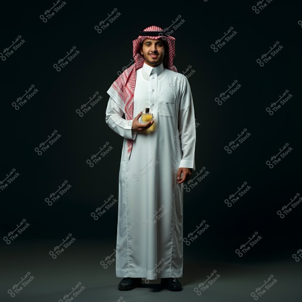 Image of a man wearing a traditional Saudi white thobe with a red and white checkered ghutra on his head, holding a perfume bottle in his hand. A dark background accentuates the person and the traditional attire.