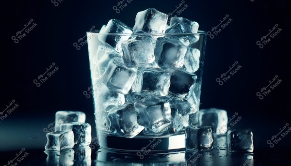 The image shows a glass cup filled with large, transparent ice cubes, with scattered ice cubes on the surrounding surface. The scene is dimly lit with focused lighting that highlights the details and wet texture of the ice cubes.