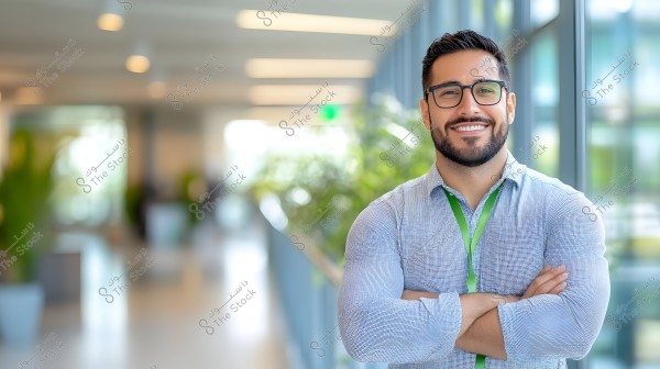 A portrait of a man wearing glasses and a formal long-sleeved shirt, with a green lanyard around his neck. He is smiling with arms crossed, standing in a well-lit office hallway. The background features plants and is blurred, creating a professional and modern atmosphere.