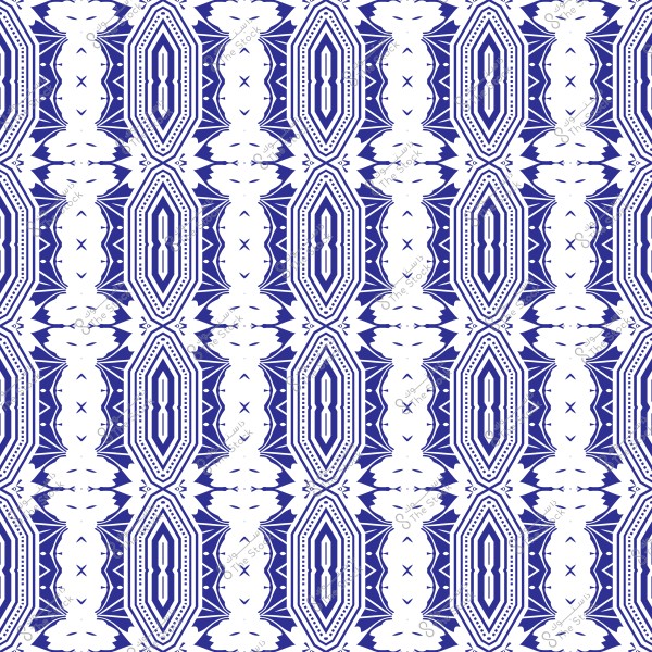 A decorative, repeating pattern in blue and white. The design features ornate oval shapes with lines and dots, accompanied by symmetrical geometric details. The pattern conveys a sense of depth and visual complexity in the design.