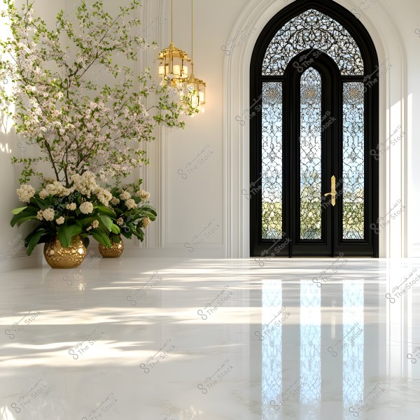 An elegant interior entrance with a double door featuring intricate lattice designs and golden handles. On the left side of the entrance, there are two potted plants with green leaves and white flowers in decorative golden pots. The glossy marble floor reflects the light coming through the ornate glass. The space is notable for its luxurious architectural details, including golden chandeliers hanging above the plants.