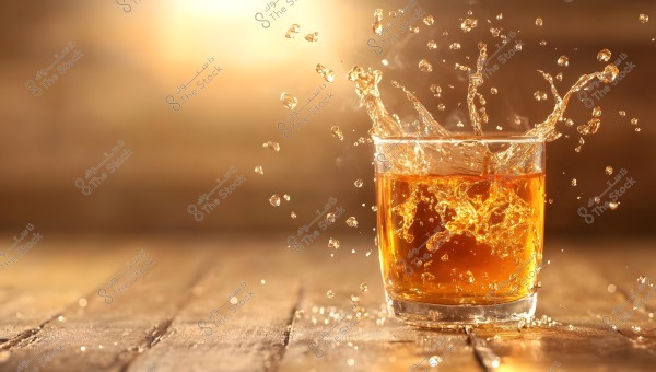 Image of a glass cup containing a brown drink with bubbles splashing in the air. Golden light highlights the glass, enhancing the look of the splashing beverage. The glass is on a wooden surface under warm lighting with a blurred background.