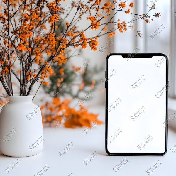 A smartphone with a blank white screen resting on a surface next to a white vase containing branches with small orange flowers. The background features blurred plants and orange foliage.