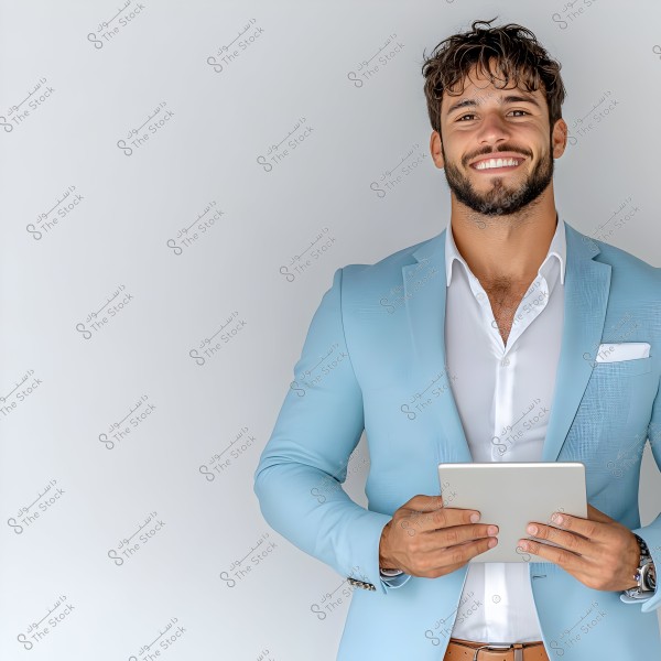 A portrait of a man standing and smiling, wearing a light blue suit and a white shirt, holding a tablet. The background is plain white.